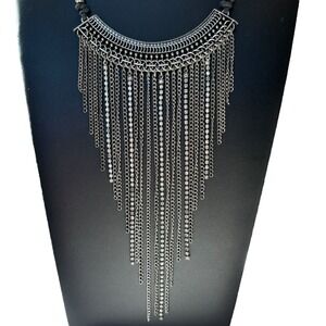 Waterfall Fringe Drop Necklace Silver Tone Rhinestone Chain Choker Black Cord